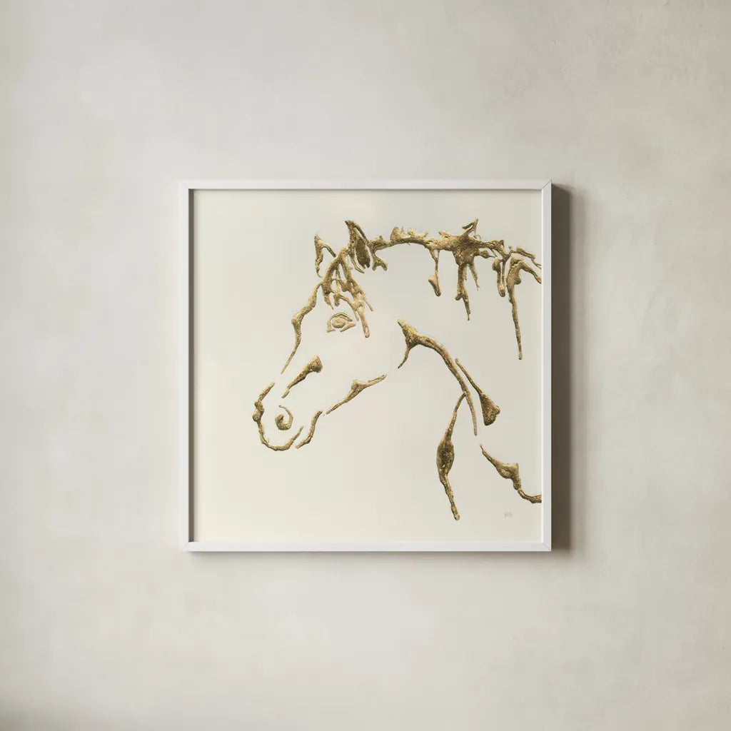 Gilded Cowpony by Chris Paschke. Shown in a crisp white glass frame for a clean and minimalist style. Available as an archival giclee rolled canvas, fine art paper, or poster print. SKU 31774a.