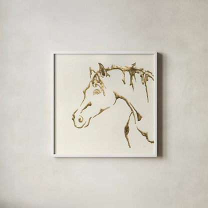 Gilded Cowpony by Chris Paschke. Shown in a crisp white glass frame for a clean and minimalist style. Available as an archival giclee rolled canvas, fine art paper, or poster print. SKU 31774a.