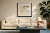Gilded Cowpony by Chris Paschke. Displayed in a glass frame with matte in a clean modern living room. Available as an archival giclee rolled canvas, fine art paper, or poster print. SKU 31774a.