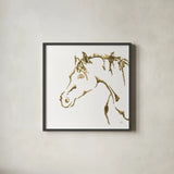 Gilded Cowpony on White by Chris Paschke. Shown in a sleek black glass frame for a contemporary gallery look. Available as an archival giclee rolled canvas, fine art paper, or poster print. SKU 32635a.