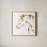 Gilded Cowpony on White by Chris Paschke. Shown in a natural wood glass frame for a timeless modern aesthetic. Available as an archival giclee rolled canvas, fine art paper, or poster print. SKU 32635a.