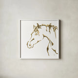 Gilded Cowpony on White by Chris Paschke. Shown in a crisp white glass frame for a clean and minimalist style. Available as an archival giclee rolled canvas, fine art paper, or poster print. SKU 32635a.
