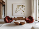 Gilded Cowpony on White by Chris Paschke. Shown as extra-large giant wall art in a modern living room. Available as an archival giclee rolled canvas, fine art paper, or poster print. SKU 32635a.