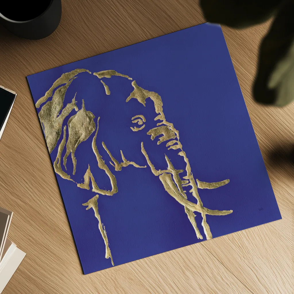 Gilded Elephant Indigo by Chris Paschke. Shown as a detailed flat fine art print, highlighting archival giclee quality. Available as an archival giclee rolled canvas, fine art paper, or poster print. SKU 41916a.