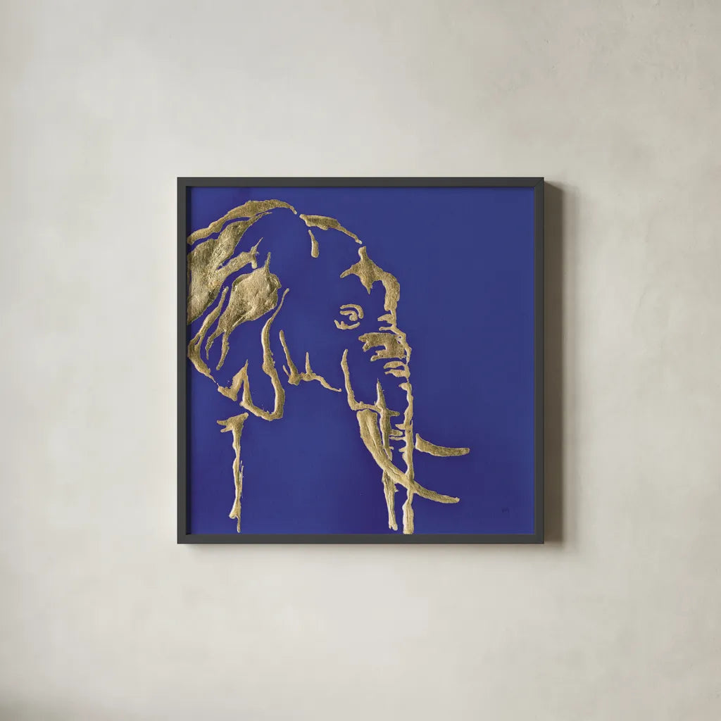 Gilded Elephant Indigo by Chris Paschke. Shown in a sleek black glass frame for a contemporary gallery look. Available as an archival giclee rolled canvas, fine art paper, or poster print. SKU 41916a.