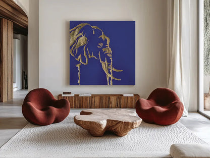 Gilded Elephant Indigo by Chris Paschke. Shown as extra-large giant wall art in a modern living room. Available as an archival giclee rolled canvas, fine art paper, or poster print. SKU 41916a.