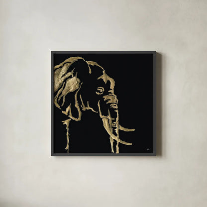 Gilded Elephant on Black by Chris Paschke. Shown in a sleek black glass frame for a contemporary gallery look. Available as an archival giclee rolled canvas, fine art paper, or poster print. SKU 31574a.