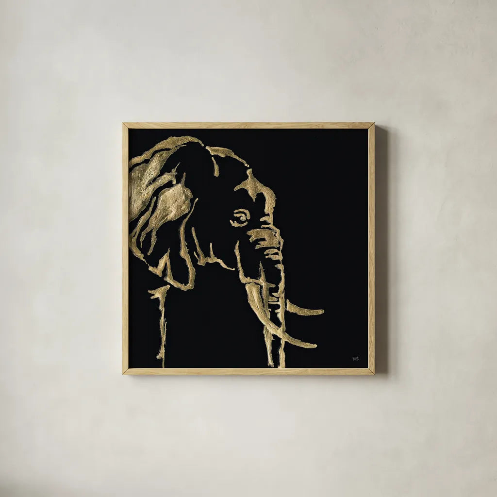 Gilded Elephant on Black by Chris Paschke. Shown in a natural wood glass frame for a timeless modern aesthetic. Available as an archival giclee rolled canvas, fine art paper, or poster print. SKU 31574a.