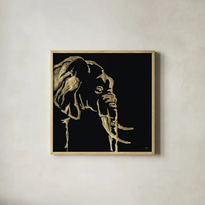 Gilded Elephant on Black by Chris Paschke. Shown in a natural wood glass frame for a timeless modern aesthetic. Available as an archival giclee rolled canvas, fine art paper, or poster print. SKU 31574a.