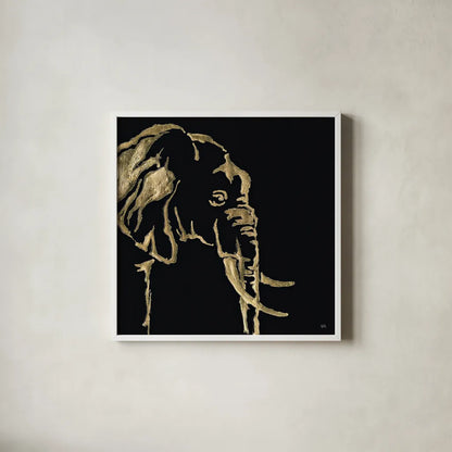 Gilded Elephant on Black by Chris Paschke. Shown in a crisp white glass frame for a clean and minimalist style. Available as an archival giclee rolled canvas, fine art paper, or poster print. SKU 31574a.