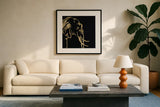 Gilded Elephant on Black by Chris Paschke. Displayed in a glass frame with matte in a clean modern living room. Available as an archival giclee rolled canvas, fine art paper, or poster print. SKU 31574a.