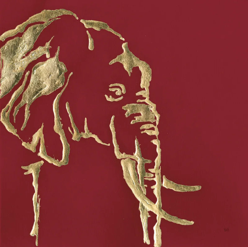 Gilded Elephant on Red by Chris Paschke. SKU 41921a. Archival Giclee Fine art print for wall decor.