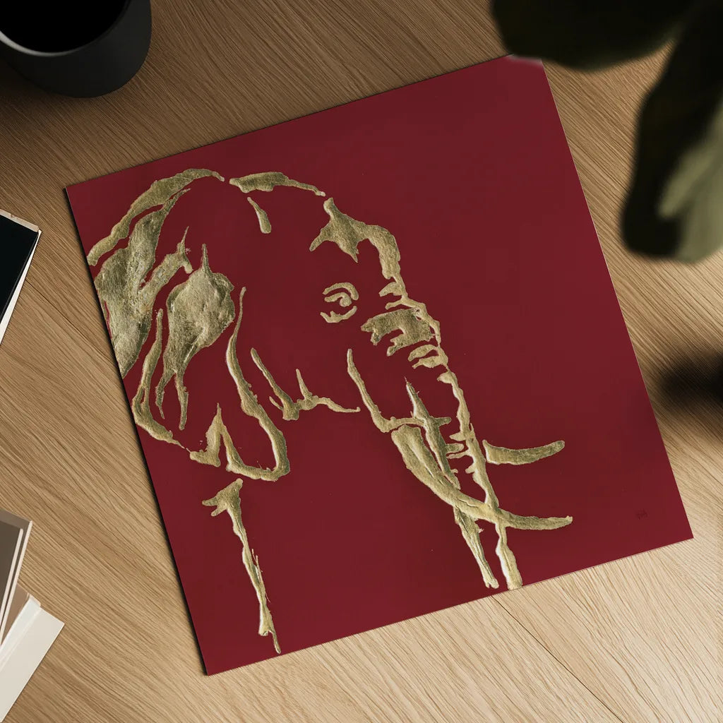 Gilded Elephant on Red by Chris Paschke. Shown as a detailed flat fine art print, highlighting archival giclee quality. Available as an archival giclee rolled canvas, fine art paper, or poster print. SKU 41921a.