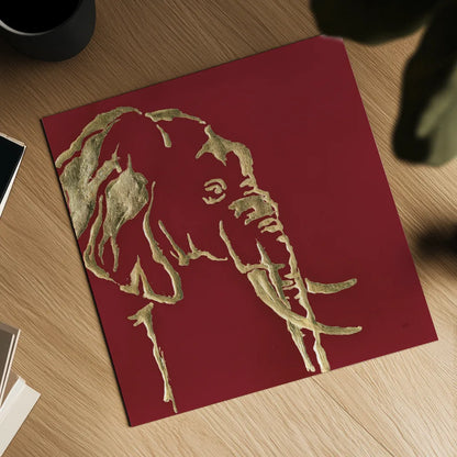 Gilded Elephant on Red by Chris Paschke. Shown as a detailed flat fine art print, highlighting archival giclee quality. Available as an archival giclee rolled canvas, fine art paper, or poster print. SKU 41921a.