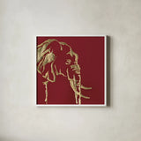 Gilded Elephant on Red by Chris Paschke. Shown in a crisp white glass frame for a clean and minimalist style. Available as an archival giclee rolled canvas, fine art paper, or poster print. SKU 41921a.