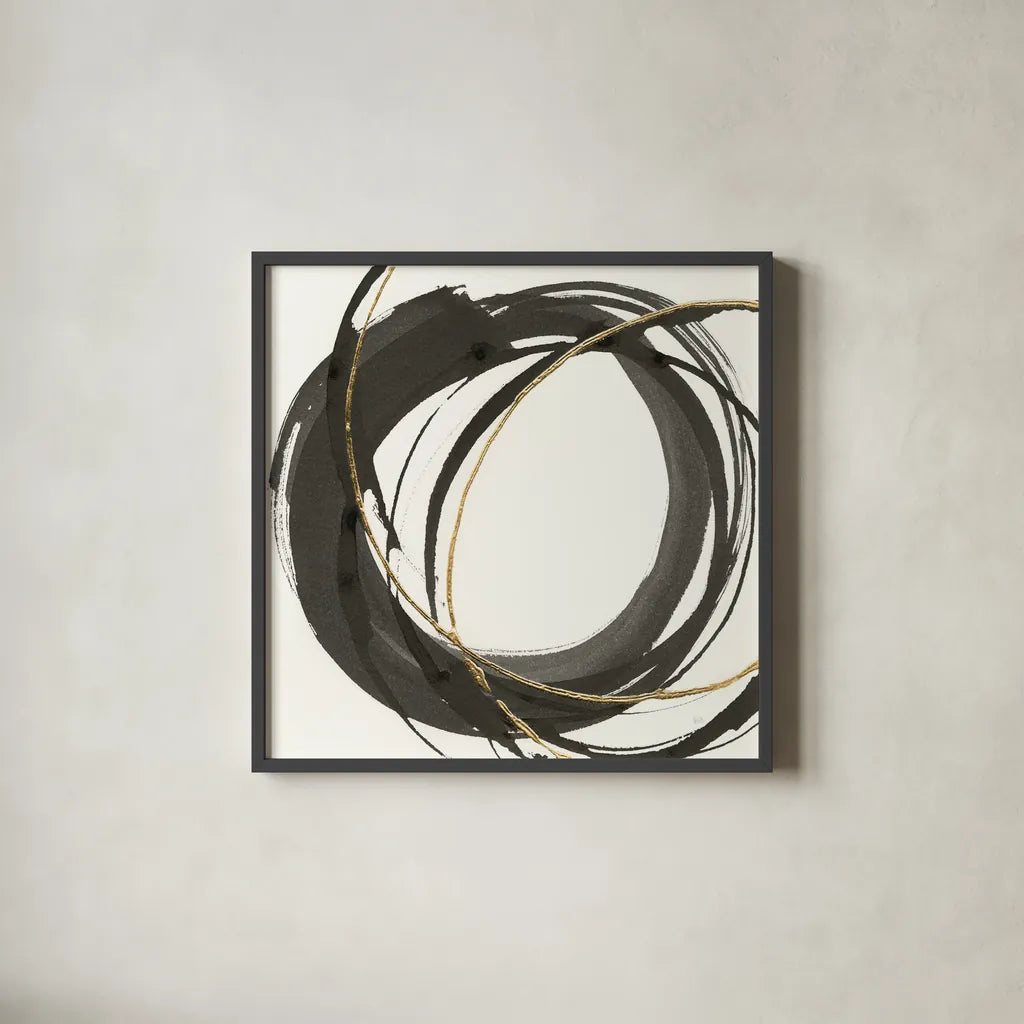Gilded Enso I by Chris Paschke. Shown in a sleek black glass frame for a contemporary gallery look. Available as an archival giclee rolled canvas, fine art paper, or poster print. SKU 34701a.