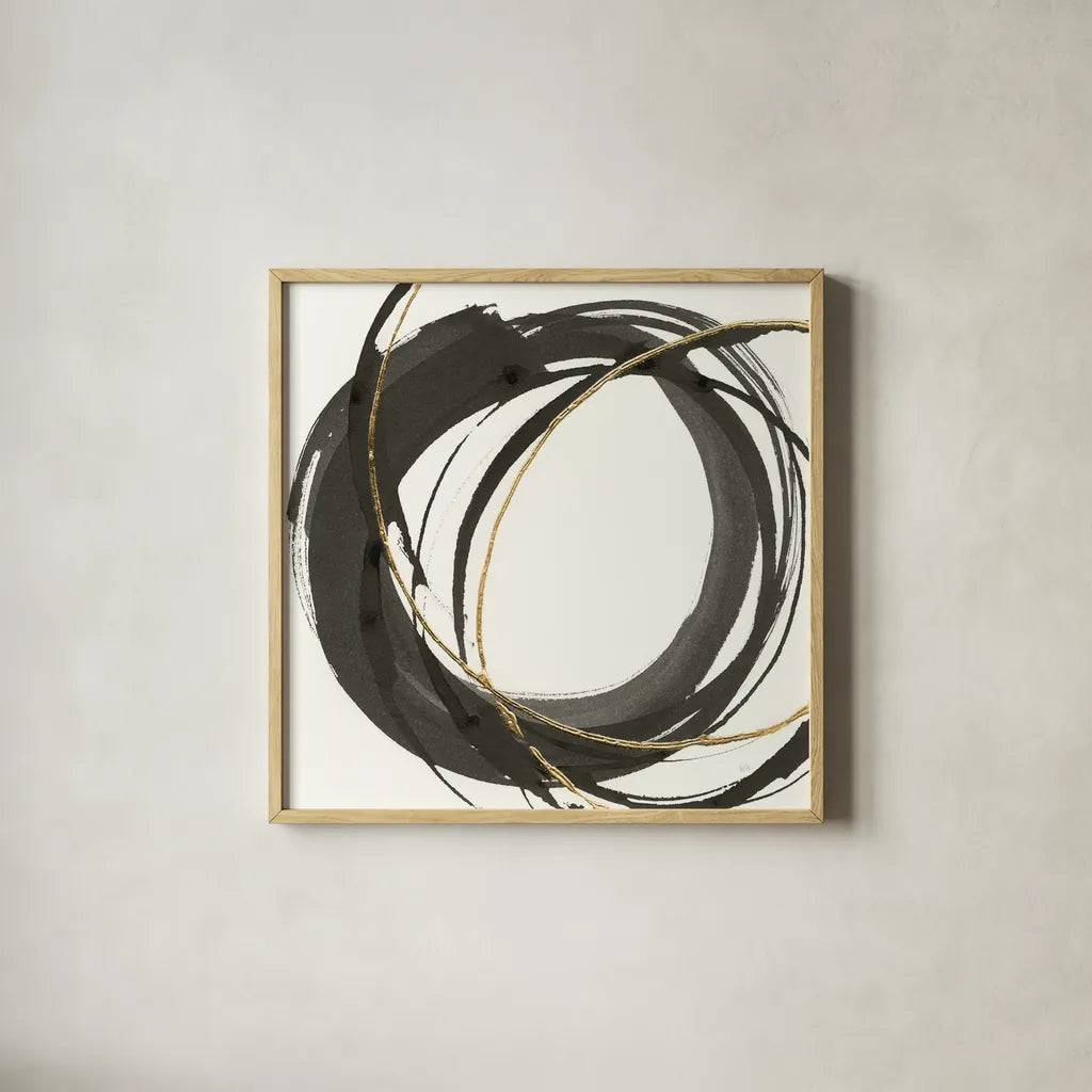 Gilded Enso I by Chris Paschke. Shown in a natural wood glass frame for a timeless modern aesthetic. Available as an archival giclee rolled canvas, fine art paper, or poster print. SKU 34701a.