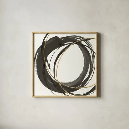 Gilded Enso I by Chris Paschke. Shown in a natural wood glass frame for a timeless modern aesthetic. Available as an archival giclee rolled canvas, fine art paper, or poster print. SKU 34701a.