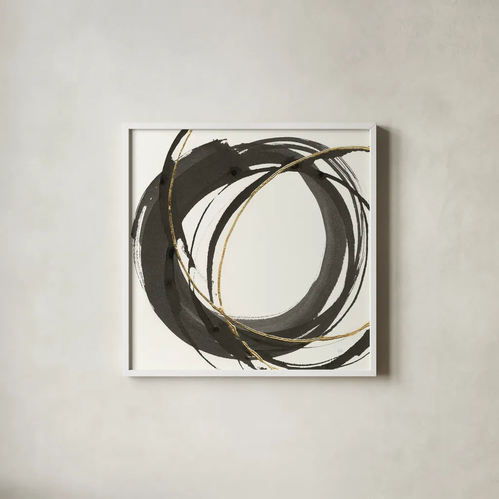 Gilded Enso I by Chris Paschke. Shown in a crisp white glass frame for a clean and minimalist style. Available as an archival giclee rolled canvas, fine art paper, or poster print. SKU 34701a.