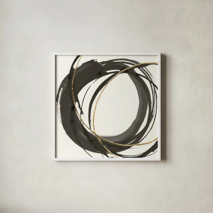 Gilded Enso I by Chris Paschke. Shown in a crisp white glass frame for a clean and minimalist style. Available as an archival giclee rolled canvas, fine art paper, or poster print. SKU 34701a.