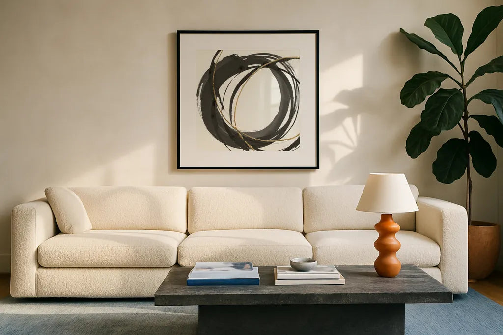 Gilded Enso I by Chris Paschke. Displayed in a glass frame with matte in a clean modern living room. Available as an archival giclee rolled canvas, fine art paper, or poster print. SKU 34701a.