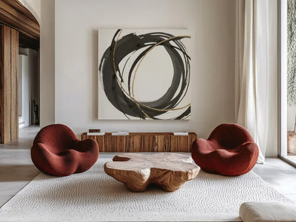 Gilded Enso I by Chris Paschke. Shown as extra-large giant wall art in a modern living room. Available as an archival giclee rolled canvas, fine art paper, or poster print. SKU 34701a.