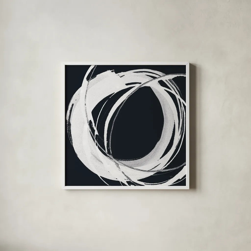 Gilded Enso I BW by Chris Paschke. Shown in a crisp white glass frame for a clean and minimalist style. Available as an archival giclee rolled canvas, fine art paper, or poster print. SKU 54816a.