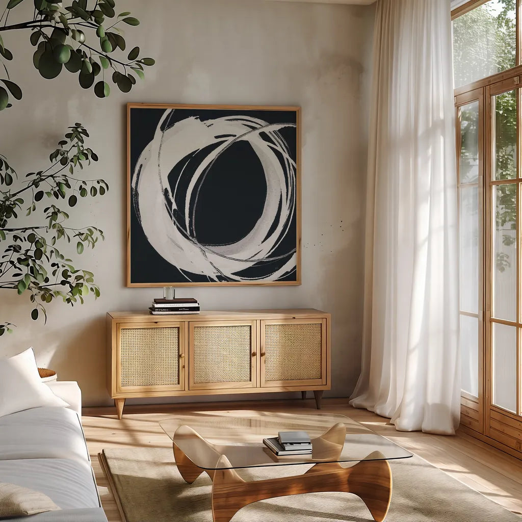 Gilded Enso I BW by Chris Paschke. Shown in a natural wood frame in a cozy modern living room. Available as an archival giclee rolled canvas, fine art paper, or poster print. SKU 54816a.