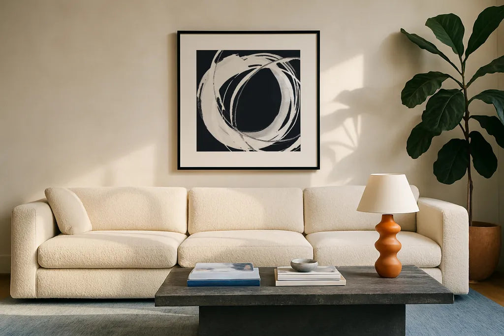 Gilded Enso I BW by Chris Paschke. Displayed in a glass frame with matte in a clean modern living room. Available as an archival giclee rolled canvas, fine art paper, or poster print. SKU 54816a.