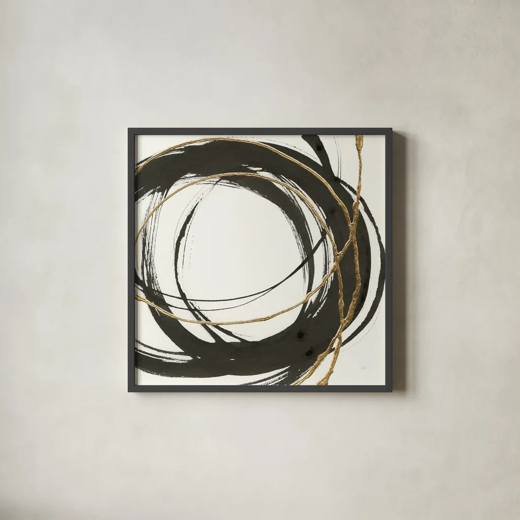 Gilded Enso II by Chris Paschke. Shown in a sleek black glass frame for a contemporary gallery look. Available as an archival giclee rolled canvas, fine art paper, or poster print. SKU 34702a.