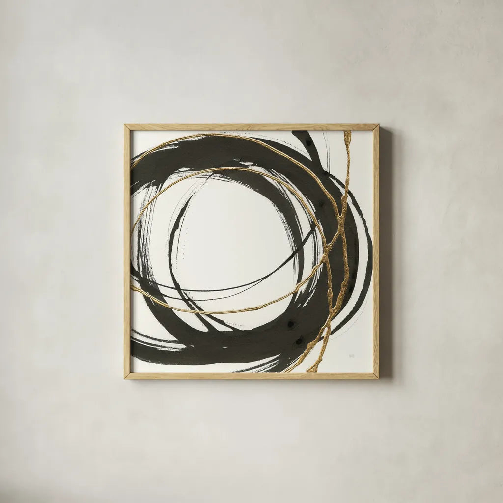 Gilded Enso II by Chris Paschke. Shown in a natural wood glass frame for a timeless modern aesthetic. Available as an archival giclee rolled canvas, fine art paper, or poster print. SKU 34702a.