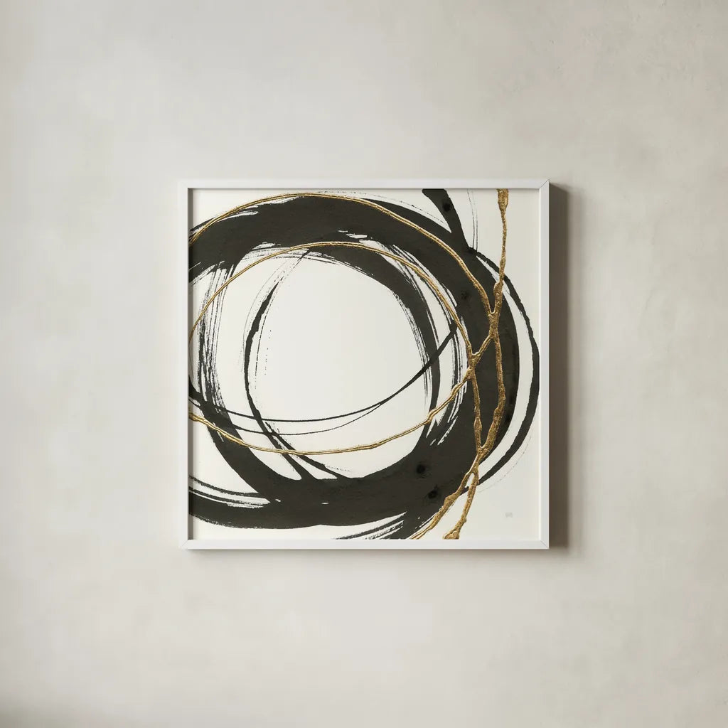 Gilded Enso II by Chris Paschke. Shown in a crisp white glass frame for a clean and minimalist style. Available as an archival giclee rolled canvas, fine art paper, or poster print. SKU 34702a.