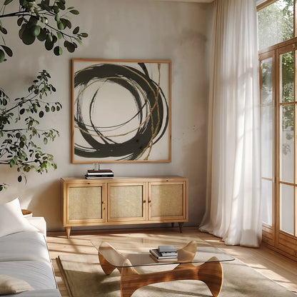 Gilded Enso II by Chris Paschke. Shown in a natural wood frame in a cozy modern living room. Available as an archival giclee rolled canvas, fine art paper, or poster print. SKU 34702a.