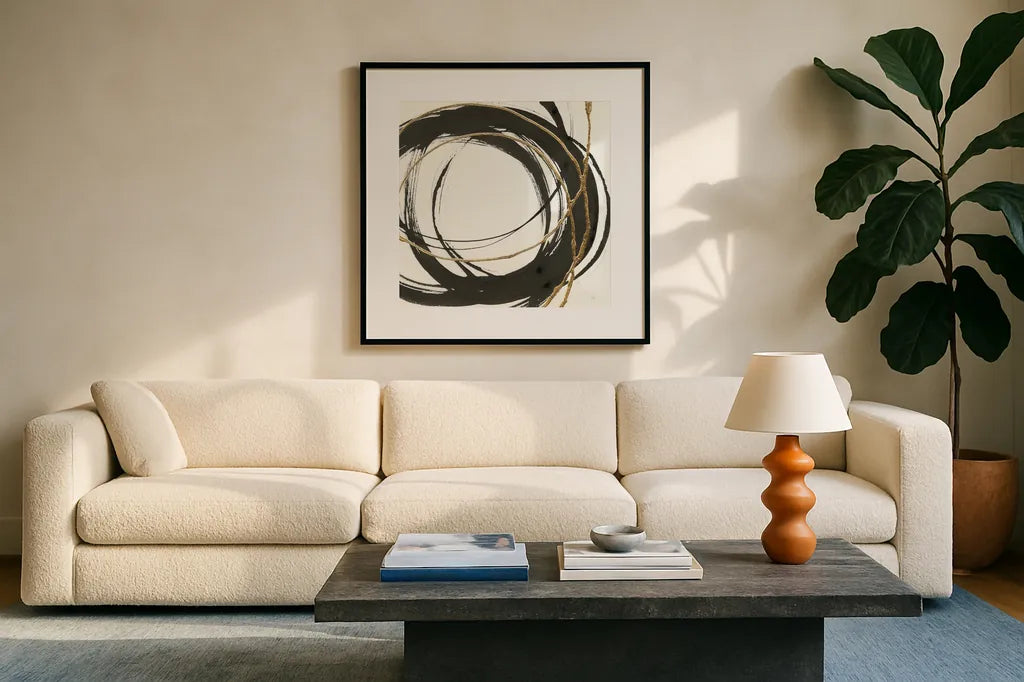 Gilded Enso II by Chris Paschke. Displayed in a glass frame with matte in a clean modern living room. Available as an archival giclee rolled canvas, fine art paper, or poster print. SKU 34702a.