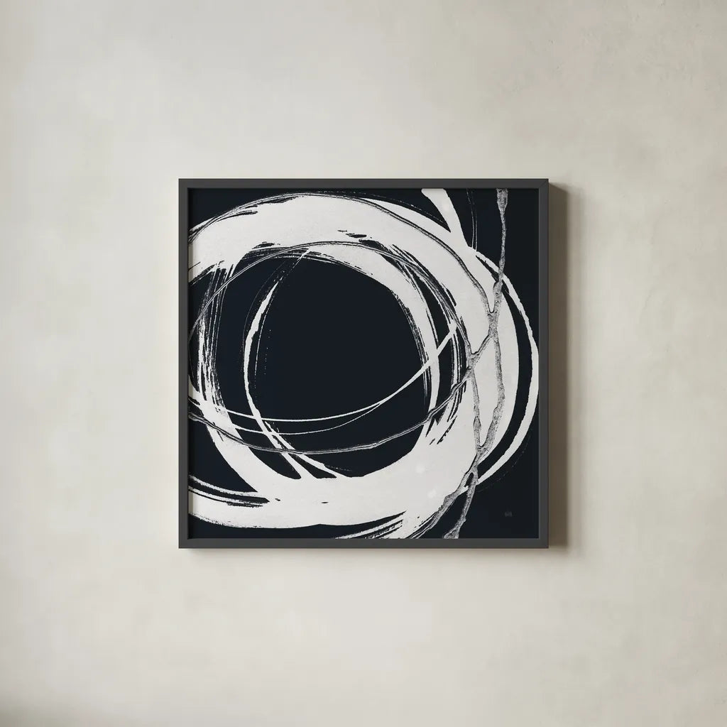 Gilded Enso II BW by Chris Paschke. Shown in a sleek black glass frame for a contemporary gallery look. Available as an archival giclee rolled canvas, fine art paper, or poster print. SKU 54817a.