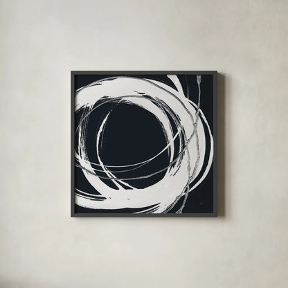 Gilded Enso II BW by Chris Paschke. Shown in a sleek black glass frame for a contemporary gallery look. Available as an archival giclee rolled canvas, fine art paper, or poster print. SKU 54817a.