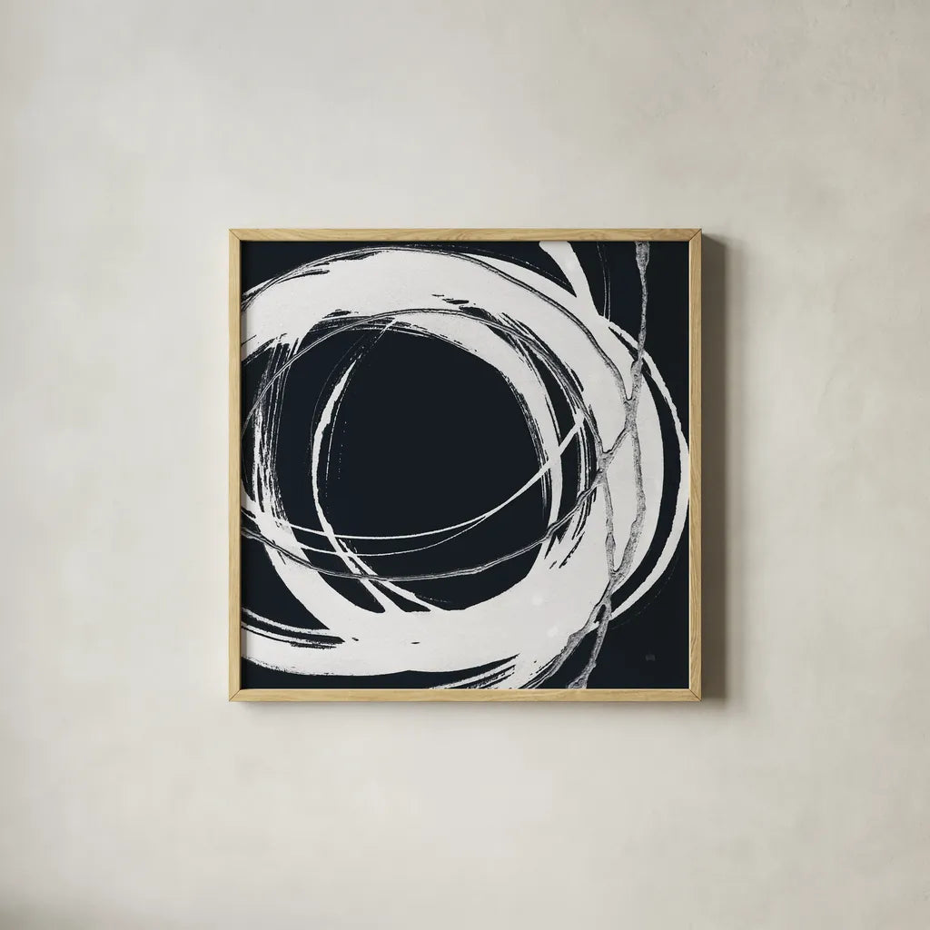 Gilded Enso II BW by Chris Paschke. Shown in a natural wood glass frame for a timeless modern aesthetic. Available as an archival giclee rolled canvas, fine art paper, or poster print. SKU 54817a.