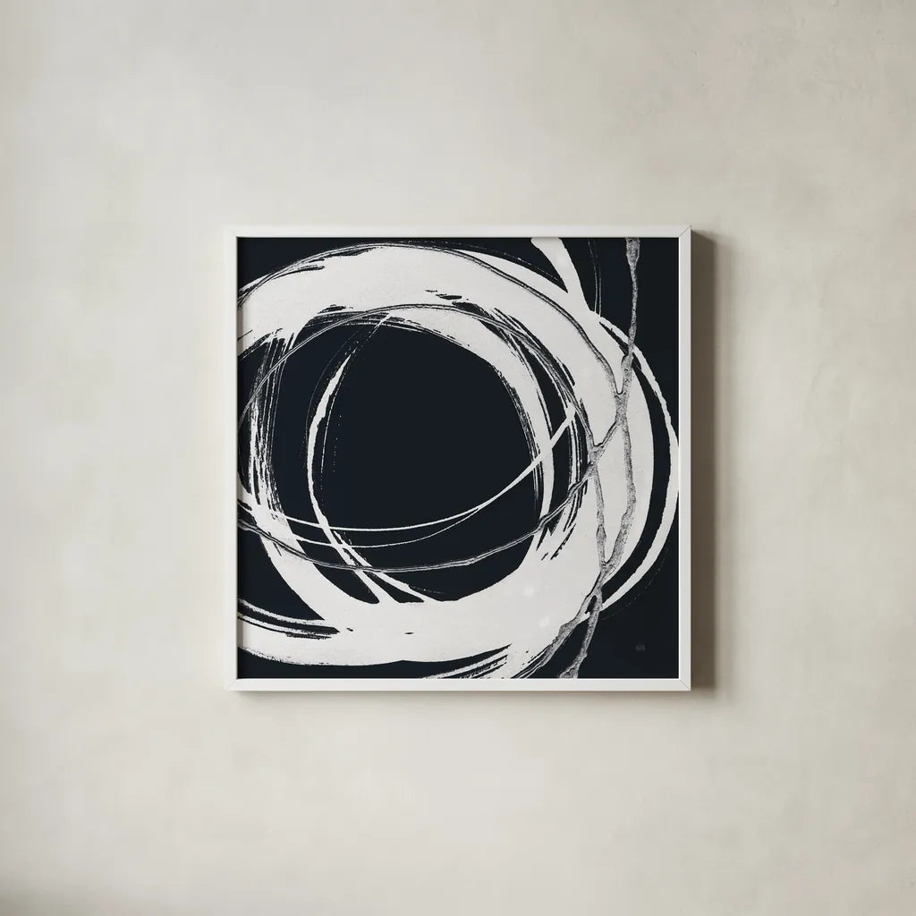 Gilded Enso II BW by Chris Paschke. Shown in a crisp white glass frame for a clean and minimalist style. Available as an archival giclee rolled canvas, fine art paper, or poster print. SKU 54817a.