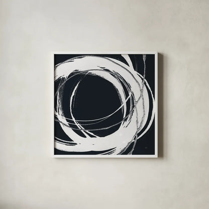 Gilded Enso II BW by Chris Paschke. Shown in a crisp white glass frame for a clean and minimalist style. Available as an archival giclee rolled canvas, fine art paper, or poster print. SKU 54817a.