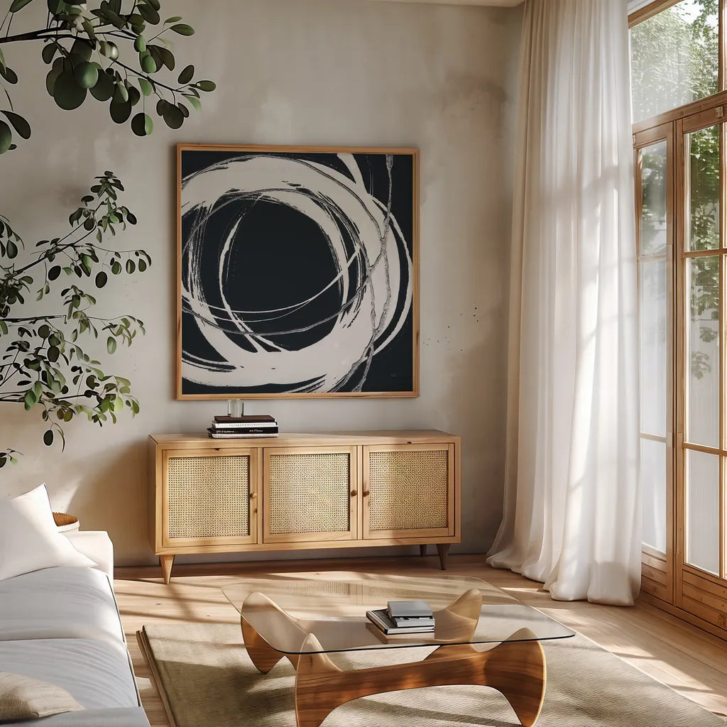 Gilded Enso II BW by Chris Paschke. Shown in a natural wood frame in a cozy modern living room. Available as an archival giclee rolled canvas, fine art paper, or poster print. SKU 54817a.