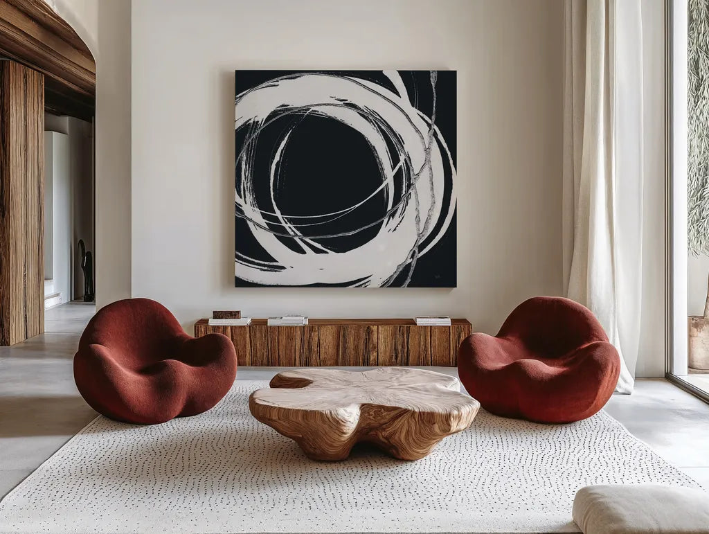 Gilded Enso II BW by Chris Paschke. Shown as extra-large giant wall art in a modern living room. Available as an archival giclee rolled canvas, fine art paper, or poster print. SKU 54817a.