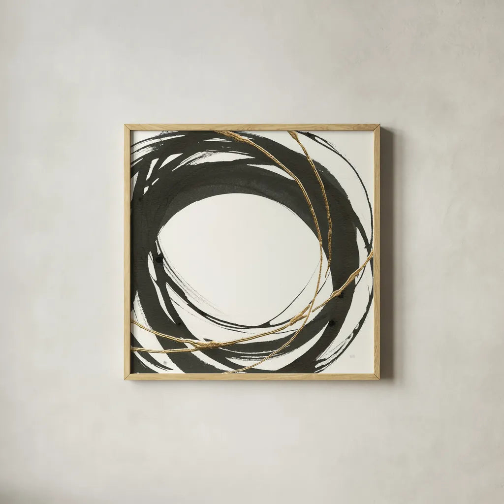 Gilded Enso III by Chris Paschke. Shown in a natural wood glass frame for a timeless modern aesthetic. Available as an archival giclee rolled canvas, fine art paper, or poster print. SKU 34703a.