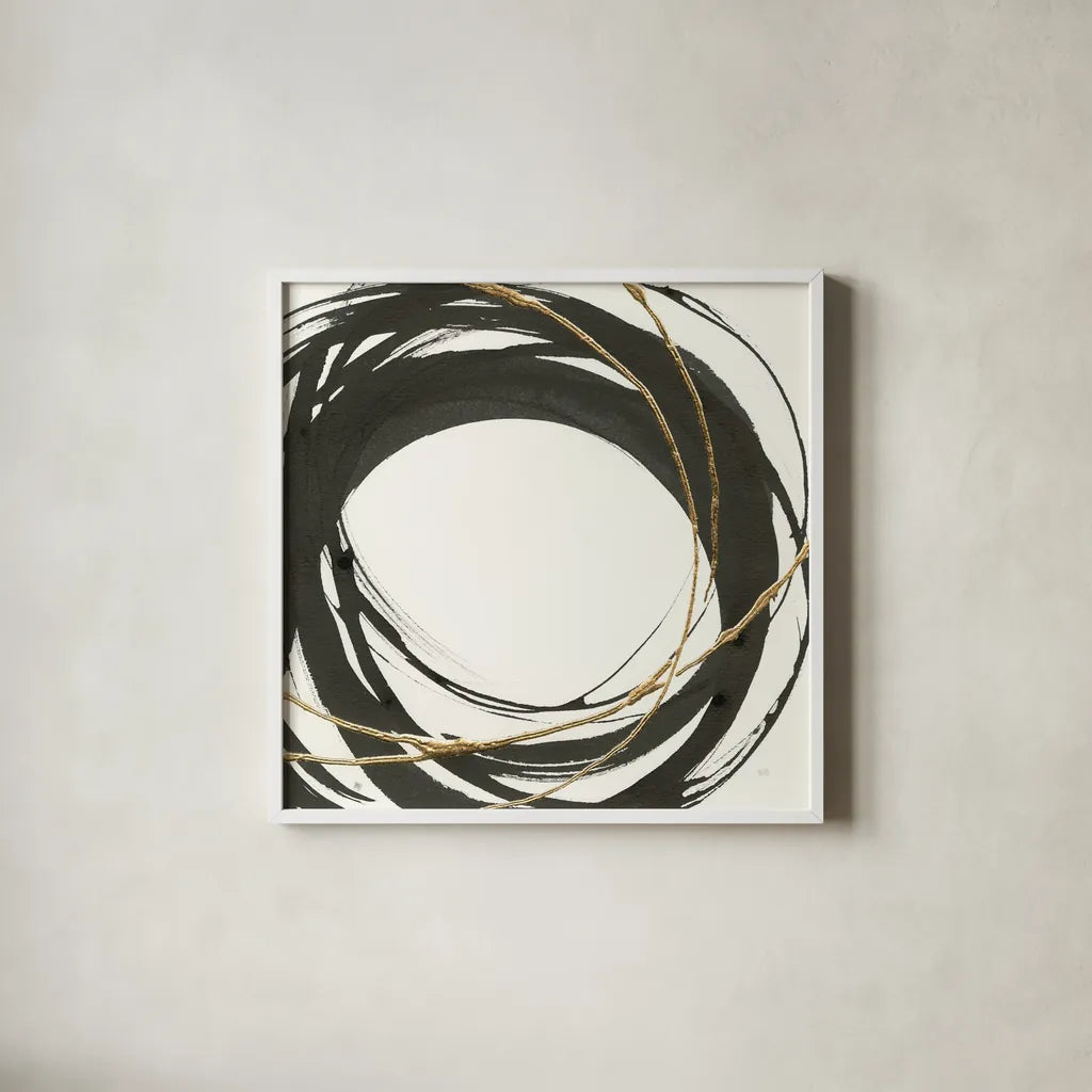 Gilded Enso III by Chris Paschke. Shown in a crisp white glass frame for a clean and minimalist style. Available as an archival giclee rolled canvas, fine art paper, or poster print. SKU 34703a.