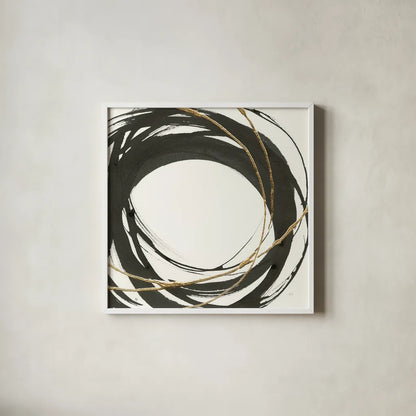 Gilded Enso III by Chris Paschke. Shown in a crisp white glass frame for a clean and minimalist style. Available as an archival giclee rolled canvas, fine art paper, or poster print. SKU 34703a.