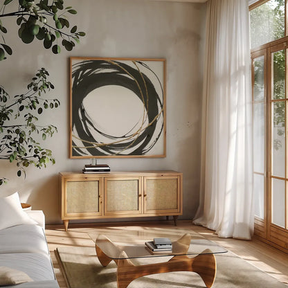 Gilded Enso III by Chris Paschke. Shown in a natural wood frame in a cozy modern living room. Available as an archival giclee rolled canvas, fine art paper, or poster print. SKU 34703a.