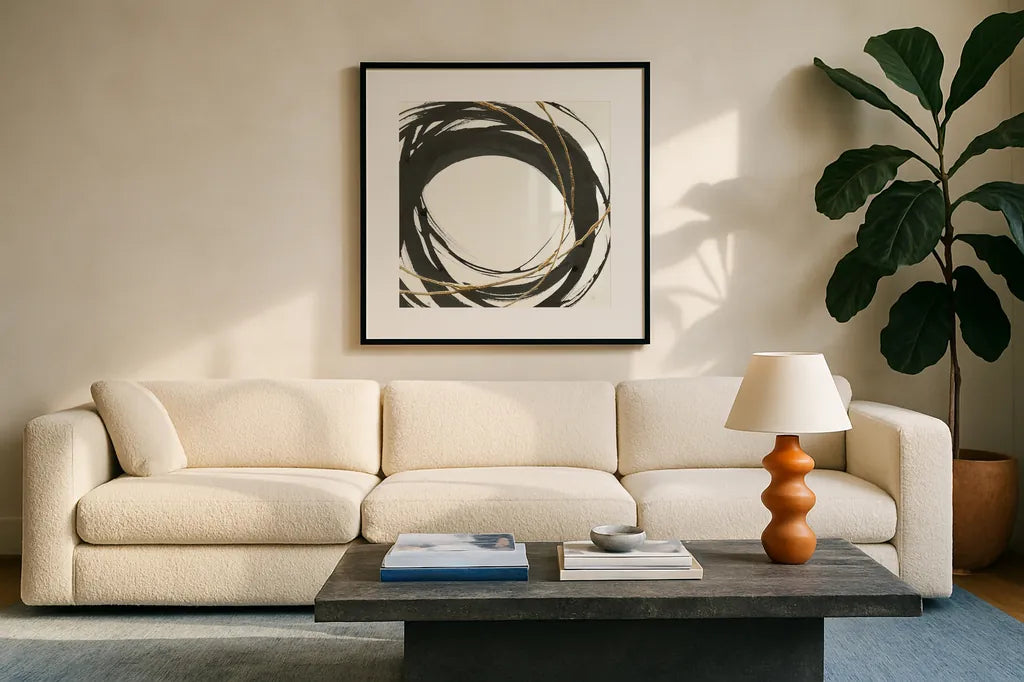 Gilded Enso III by Chris Paschke. Displayed in a glass frame with matte in a clean modern living room. Available as an archival giclee rolled canvas, fine art paper, or poster print. SKU 34703a.
