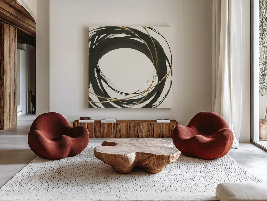 Gilded Enso III by Chris Paschke. Shown as extra-large giant wall art in a modern living room. Available as an archival giclee rolled canvas, fine art paper, or poster print. SKU 34703a.