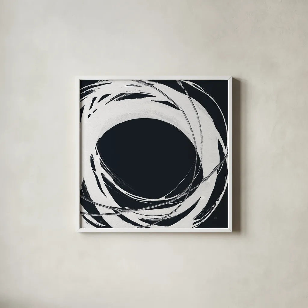 Gilded Enso III BW by Chris Paschke. Shown in a crisp white glass frame for a clean and minimalist style. Available as an archival giclee rolled canvas, fine art paper, or poster print. SKU 54818a.