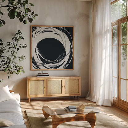 Gilded Enso III BW by Chris Paschke. Shown in a natural wood frame in a cozy modern living room. Available as an archival giclee rolled canvas, fine art paper, or poster print. SKU 54818a.