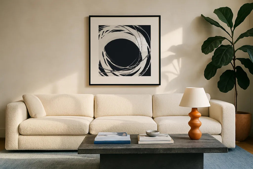 Gilded Enso III BW by Chris Paschke. Displayed in a glass frame with matte in a clean modern living room. Available as an archival giclee rolled canvas, fine art paper, or poster print. SKU 54818a.